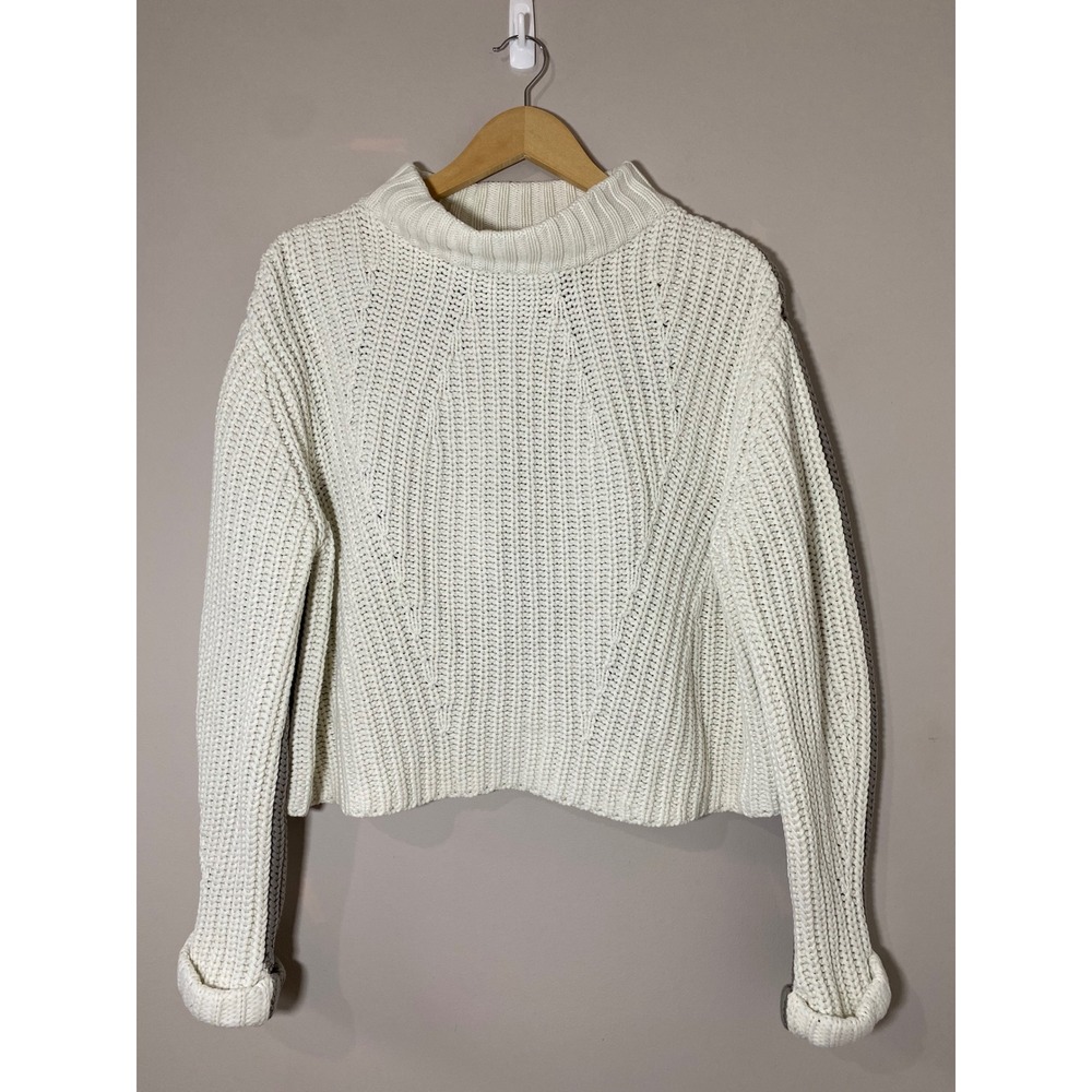 C/MEO COLLECTIVE Two-Tone Chunky Knit Mock Neck Sweater Cream Grey Womens Medium